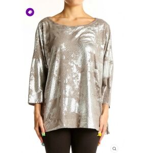 Alembika Silver Metallic Perforated Oversized Top 3/4 Sleeve XL Made in Israel